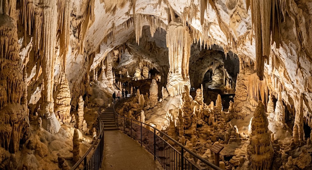 Salle de la grotte de l’Aven d’Orgnac avec stalagmites et passerelle de visite
