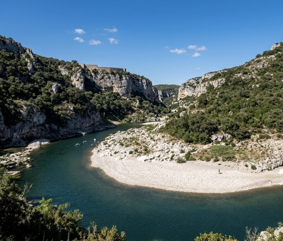 Gorges du Gardon : méandre de la rivière entre falaises calcaires et plage de galets