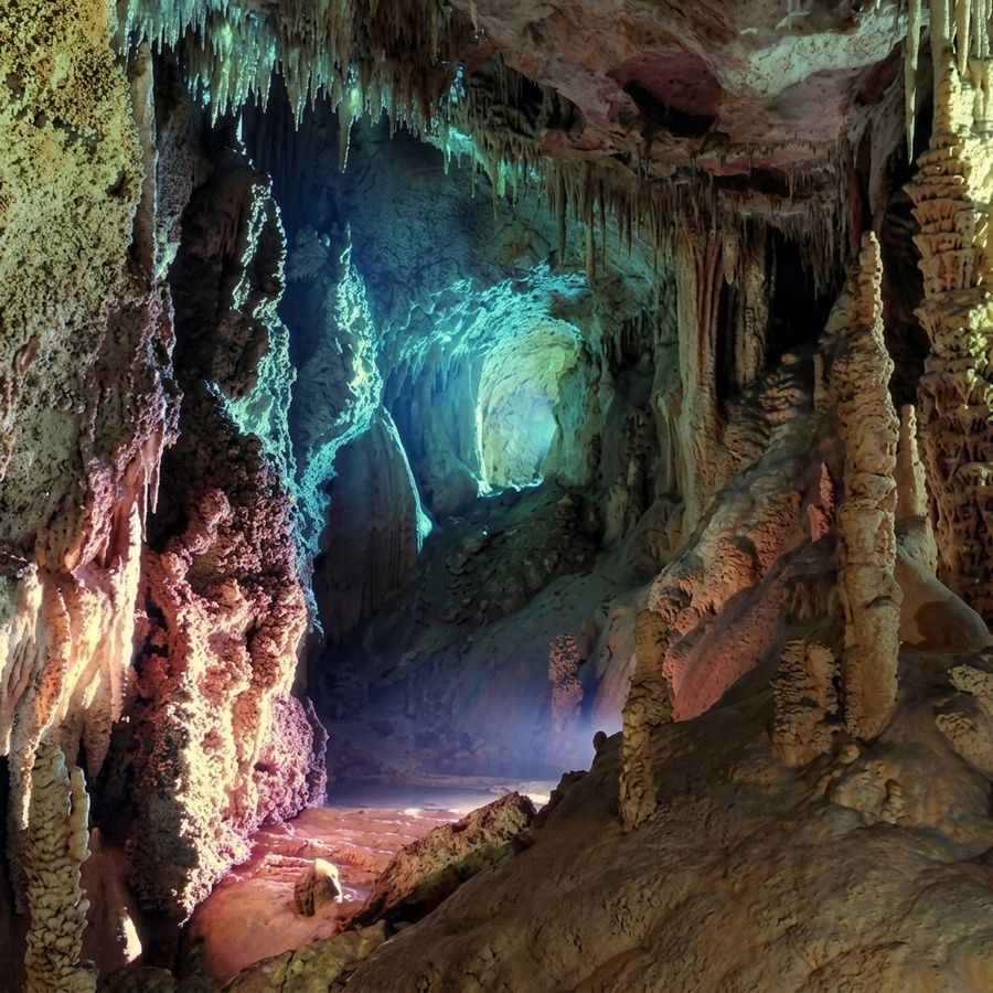 Cristaux géants et stalactites de la Grotte de la Salamandre sous un éclairage coloré